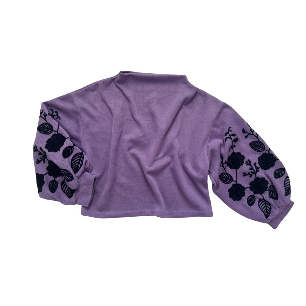 Purple Cropped Sweater with Navy Floral Embroidered Sleeves small